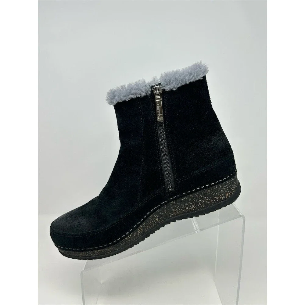 Dansko Mitzy Bootie Womens Black Ankle Side Zip Faux Fur Lined Wedge Size 39